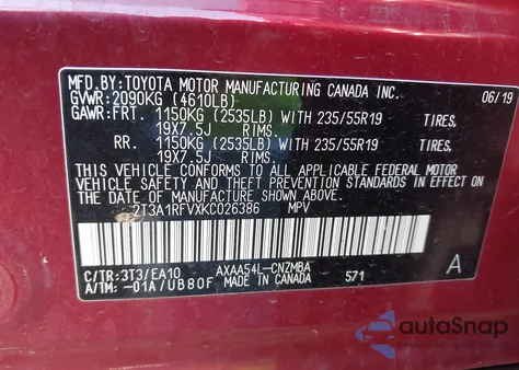 2019 Toyota Rav4 Xle Premium из США, поврежденный, VIN 2T3A1RFVXKC026386